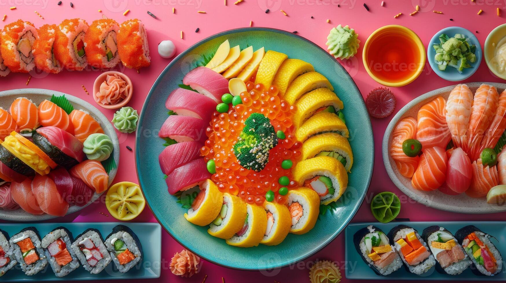 ai generado Sushi conjunto en rosado fondo, parte superior vista. japonés alimento. foto