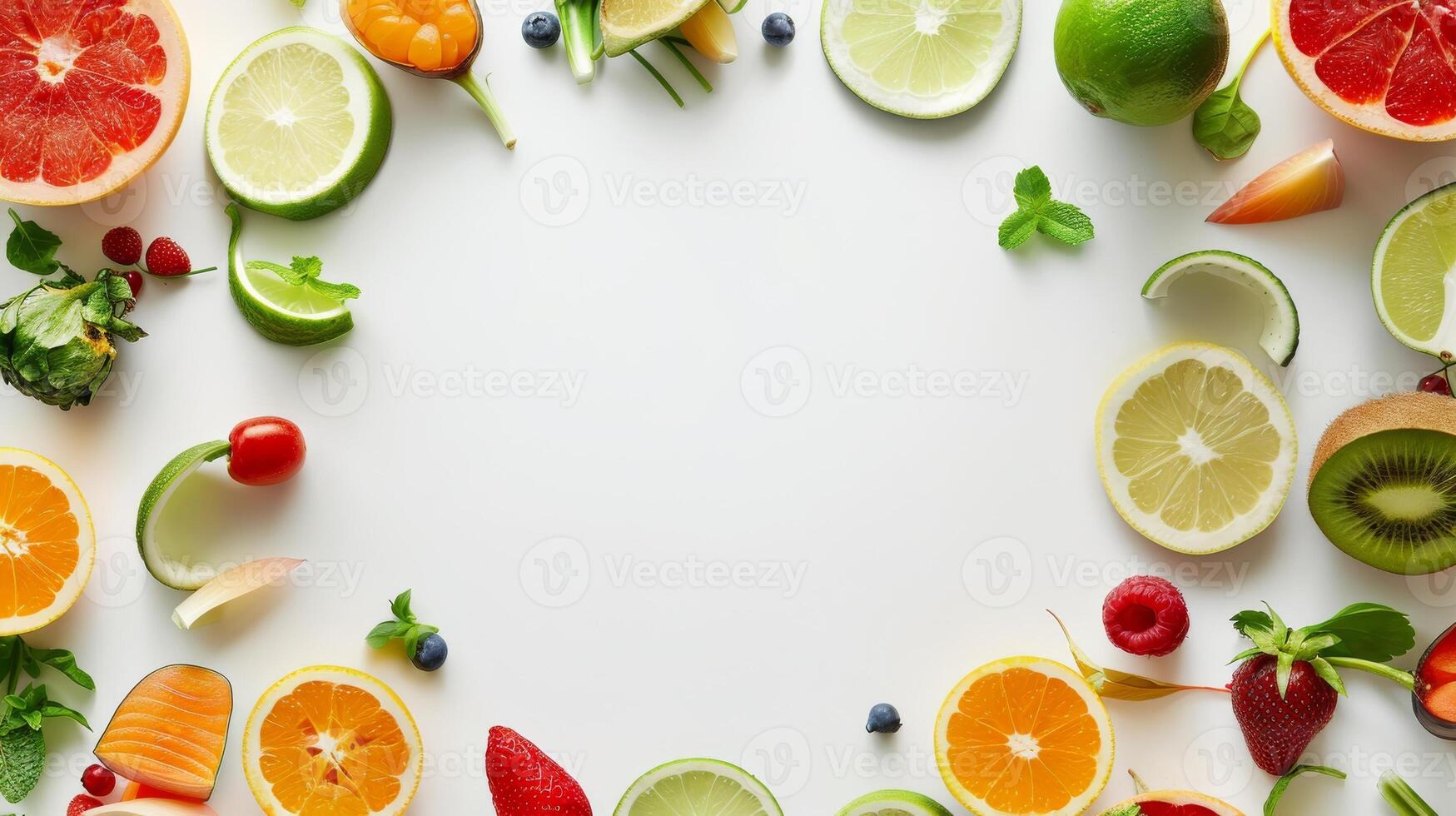 AI generated Frame made of different fresh citrus fruits on white background, top view photo