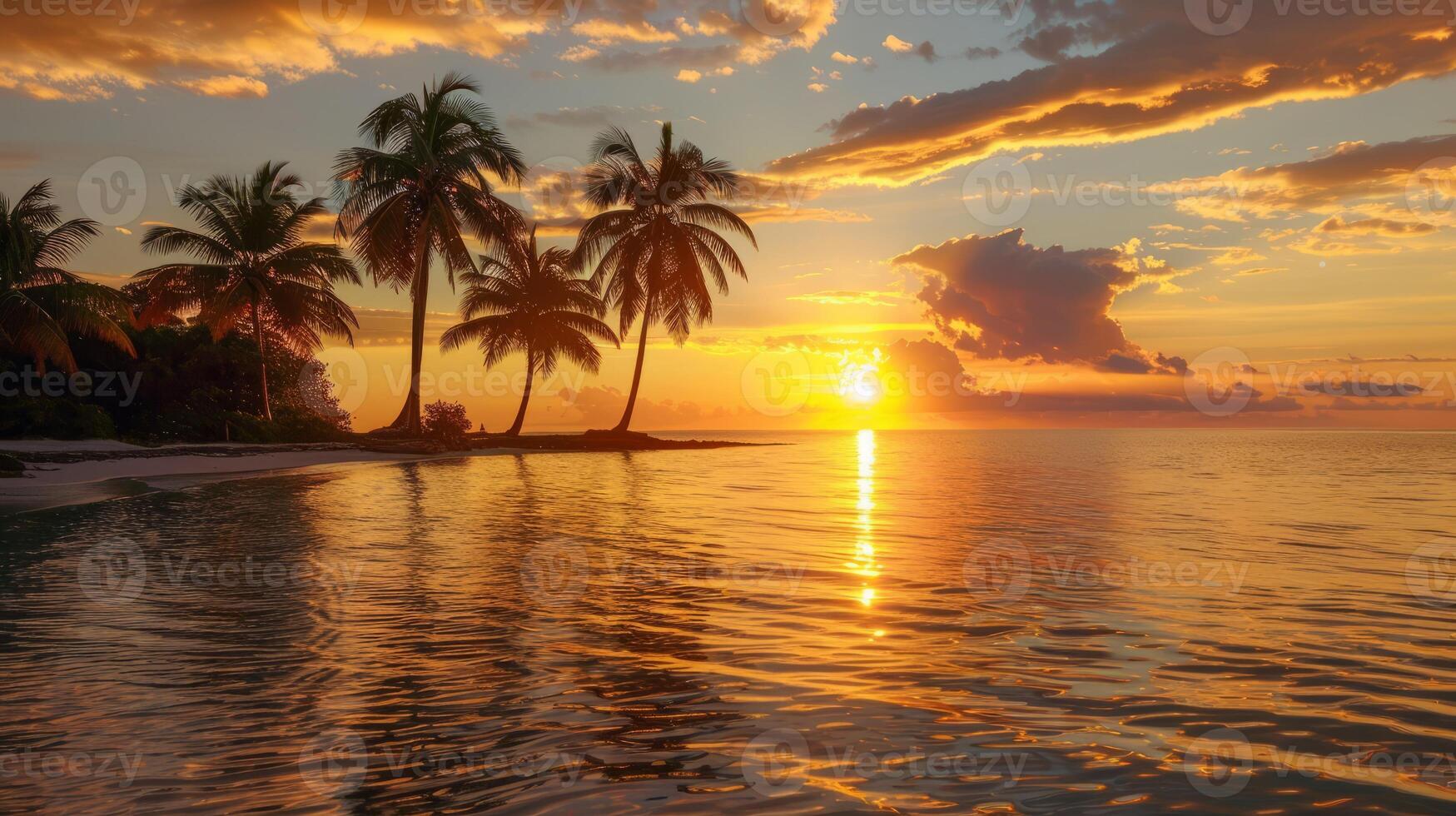 AI generated Beautiful sunset over the sea with coconut palm trees in the foreground photo