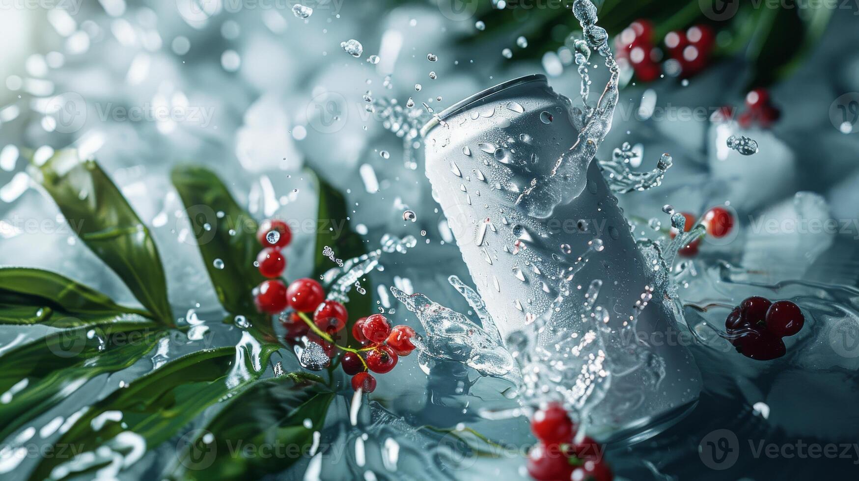 AI generated Soda can with red currant splashing in water photo
