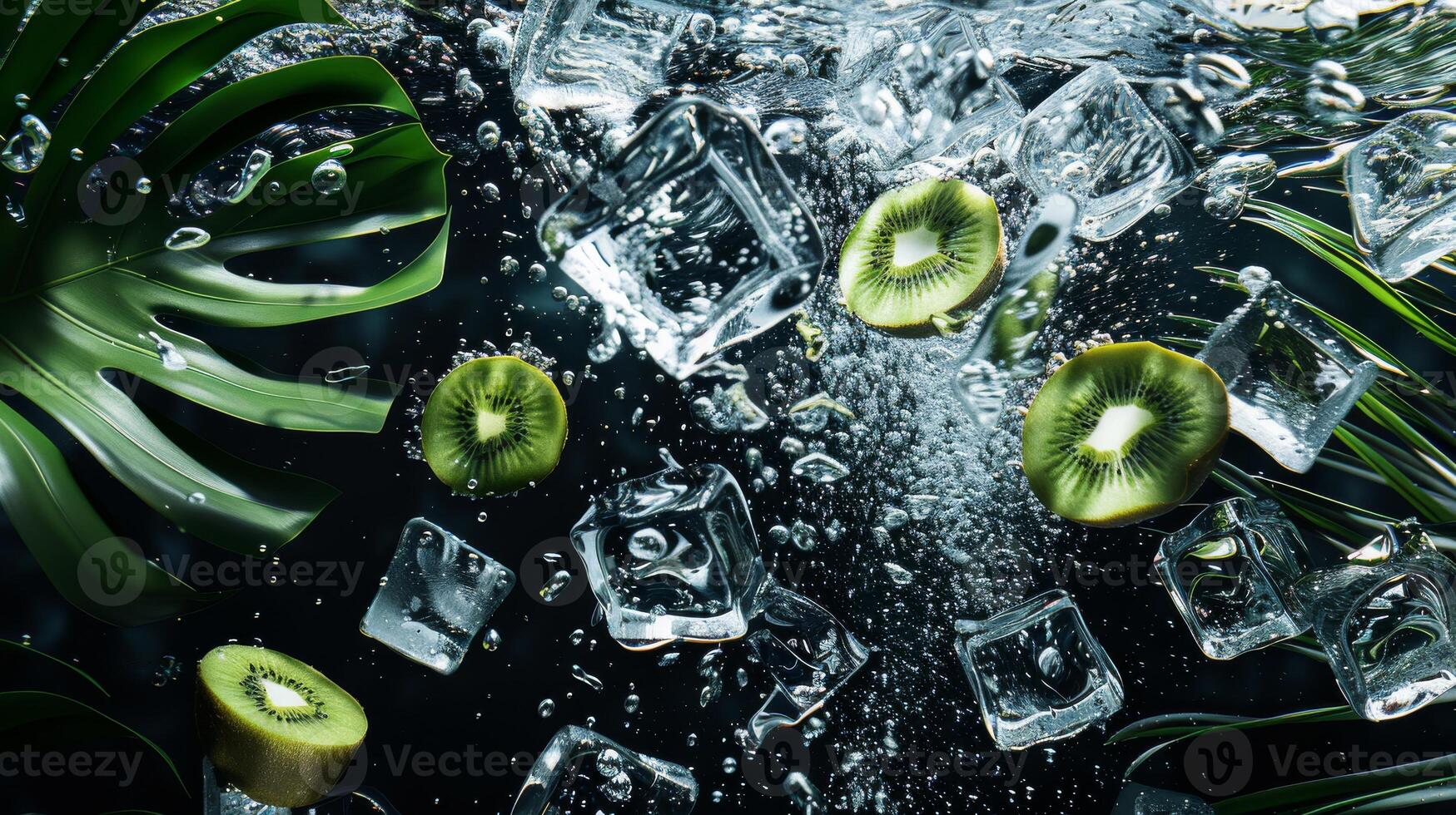 AI generated Falling ice cubes and fresh kiwi fruit on black background photo