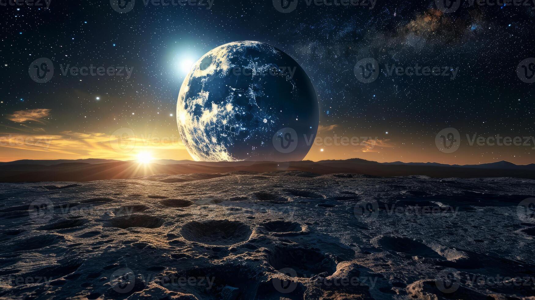 AI generated Fantasy landscape with planet and moon. photo