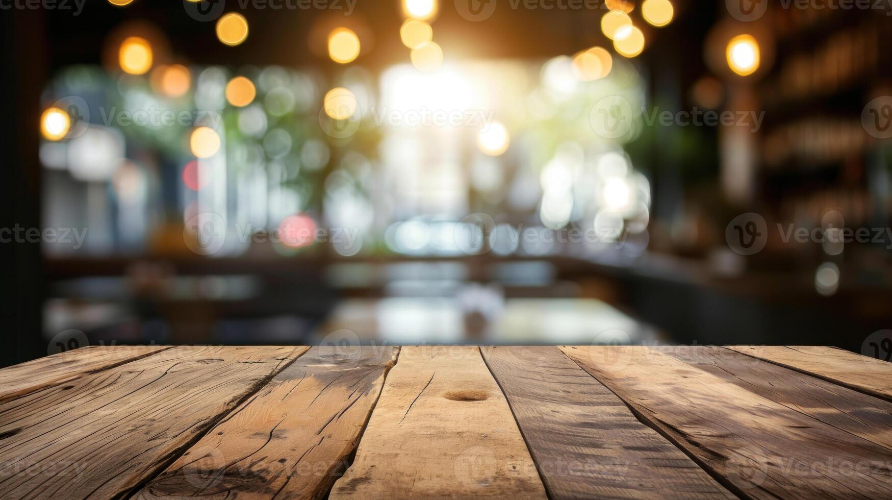 AI generated Wooden table blurred background of restaurant of cafe with bokeh photo