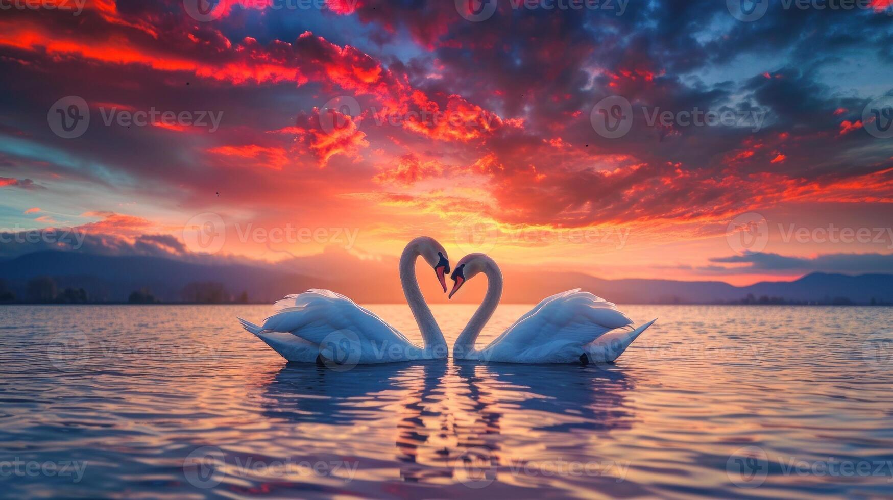 AI generated Two swans making a heart shape at sunset forming a pattern of love photo