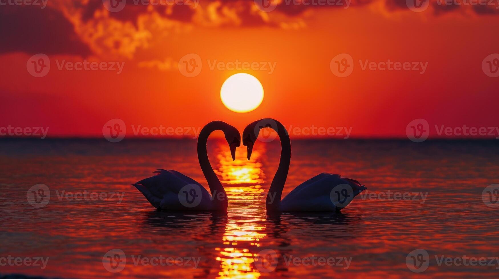 AI generated Two swans making a heart shape at sunset forming a pattern of love photo