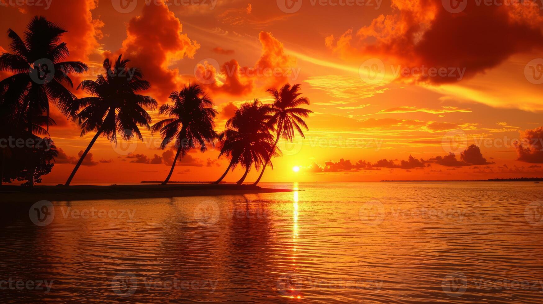 AI generated Tropical beach at sunset with palm trees and reflection in water photo