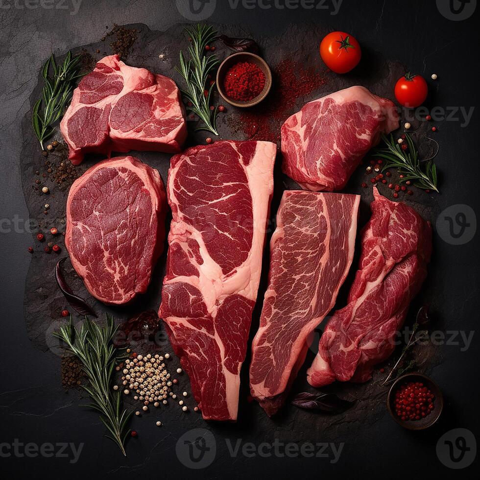 AI generated A set of juicy raw steaks and meats with spices and herbs. On a dark background. Flat lay photo