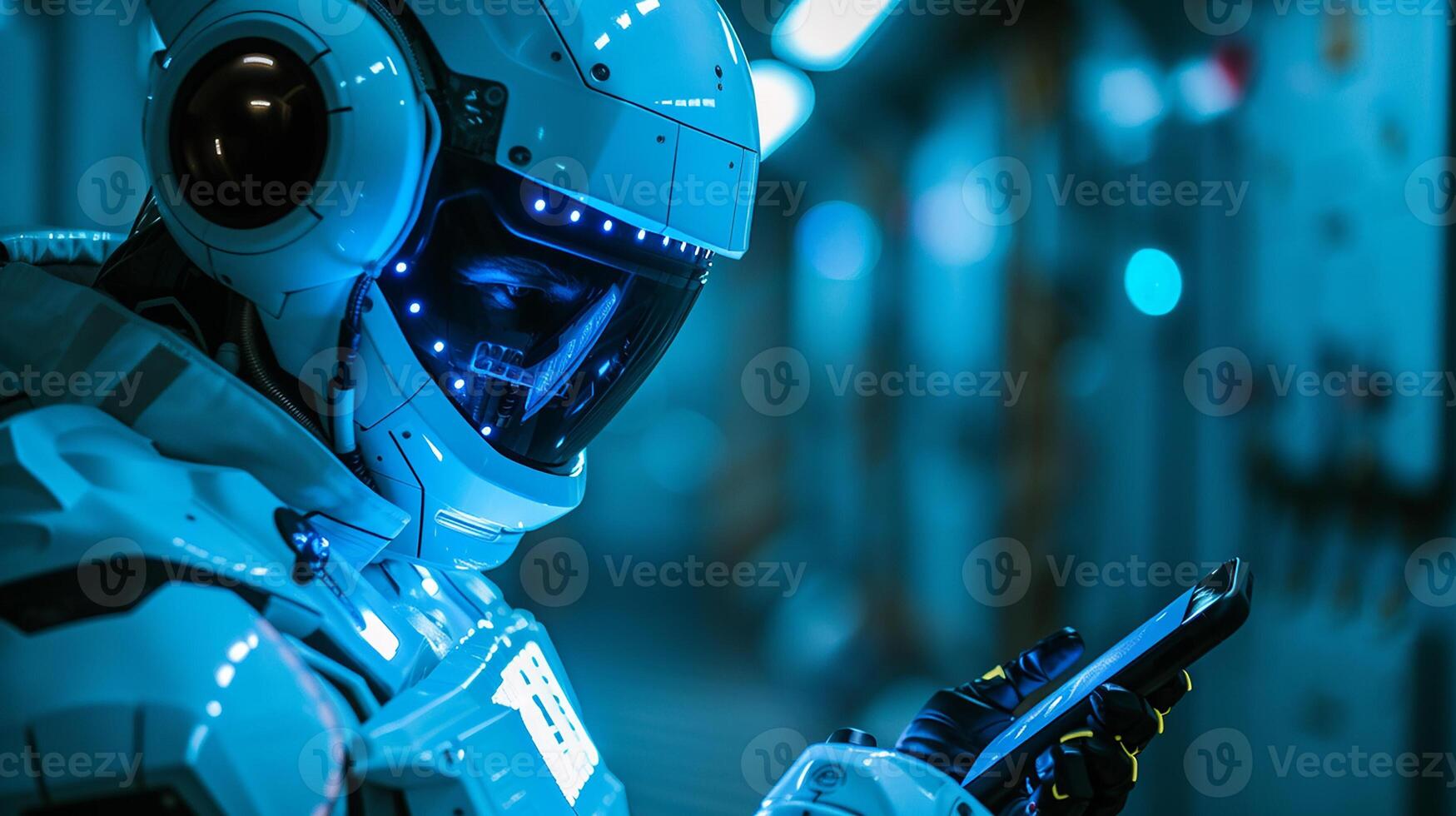 AI generated Humanoid robot uses a mobile phone. photo