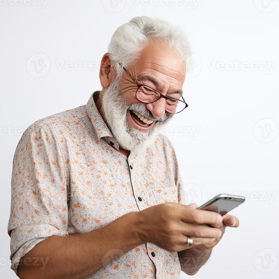 AI generated Grandfather smiling with a phone in his hands on a white background. Pleasant online conversation photo