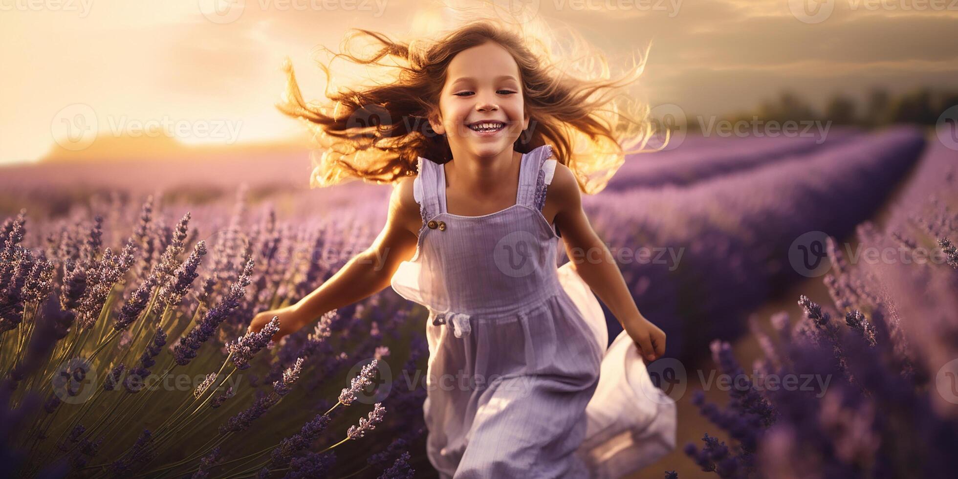 ai generado un contento niña carreras y tiene divertido en un lavanda campo. contento niño jugando en un prado de floreciente lavanda. foto