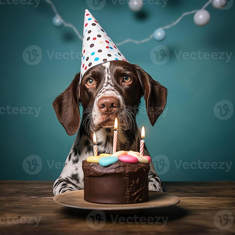 AI generated Happy birthday. Photorealistic image of a dog celebrating it is birthday photo