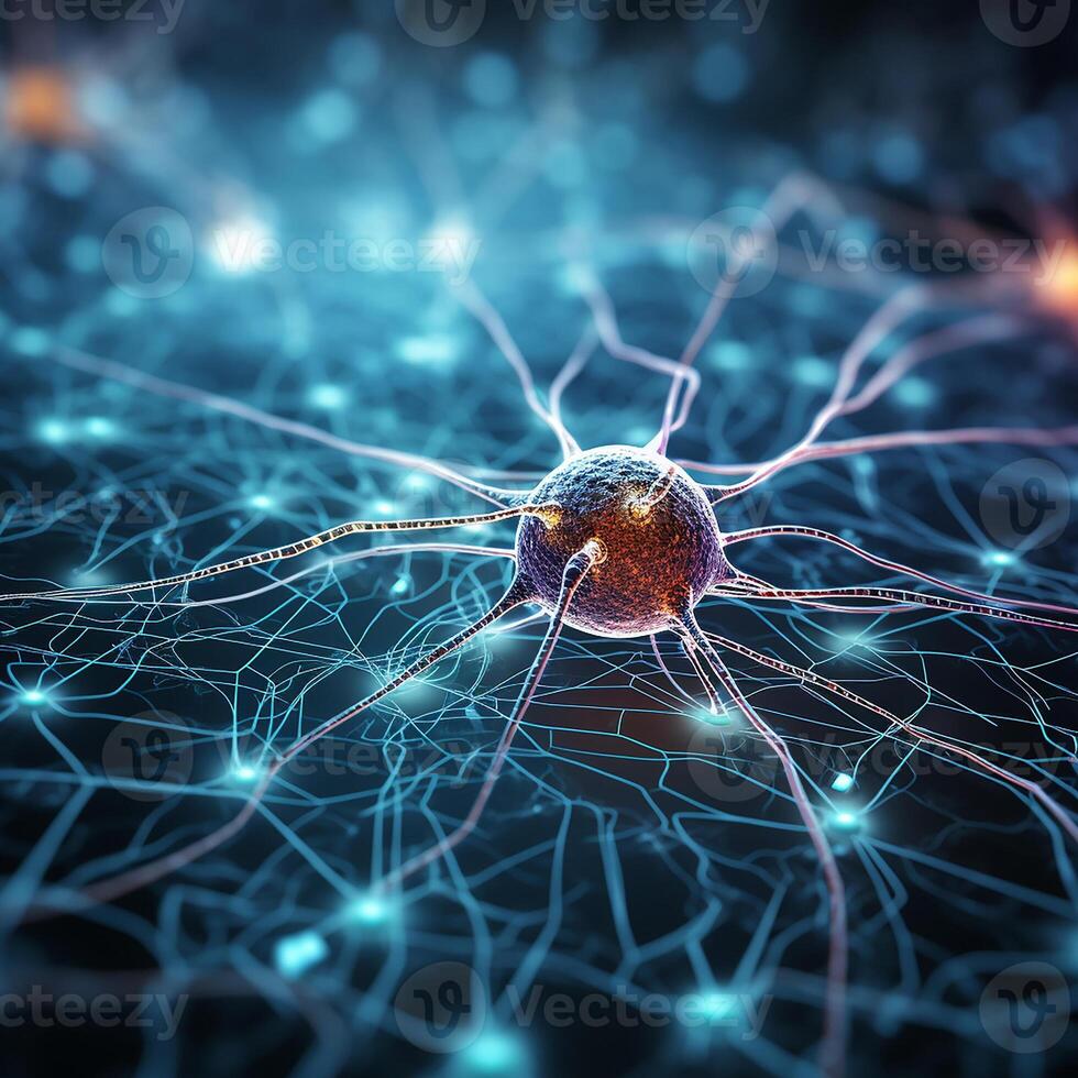 AI generated Neural connections in the brain. Image showing the complex network of neurons in the human brain photo