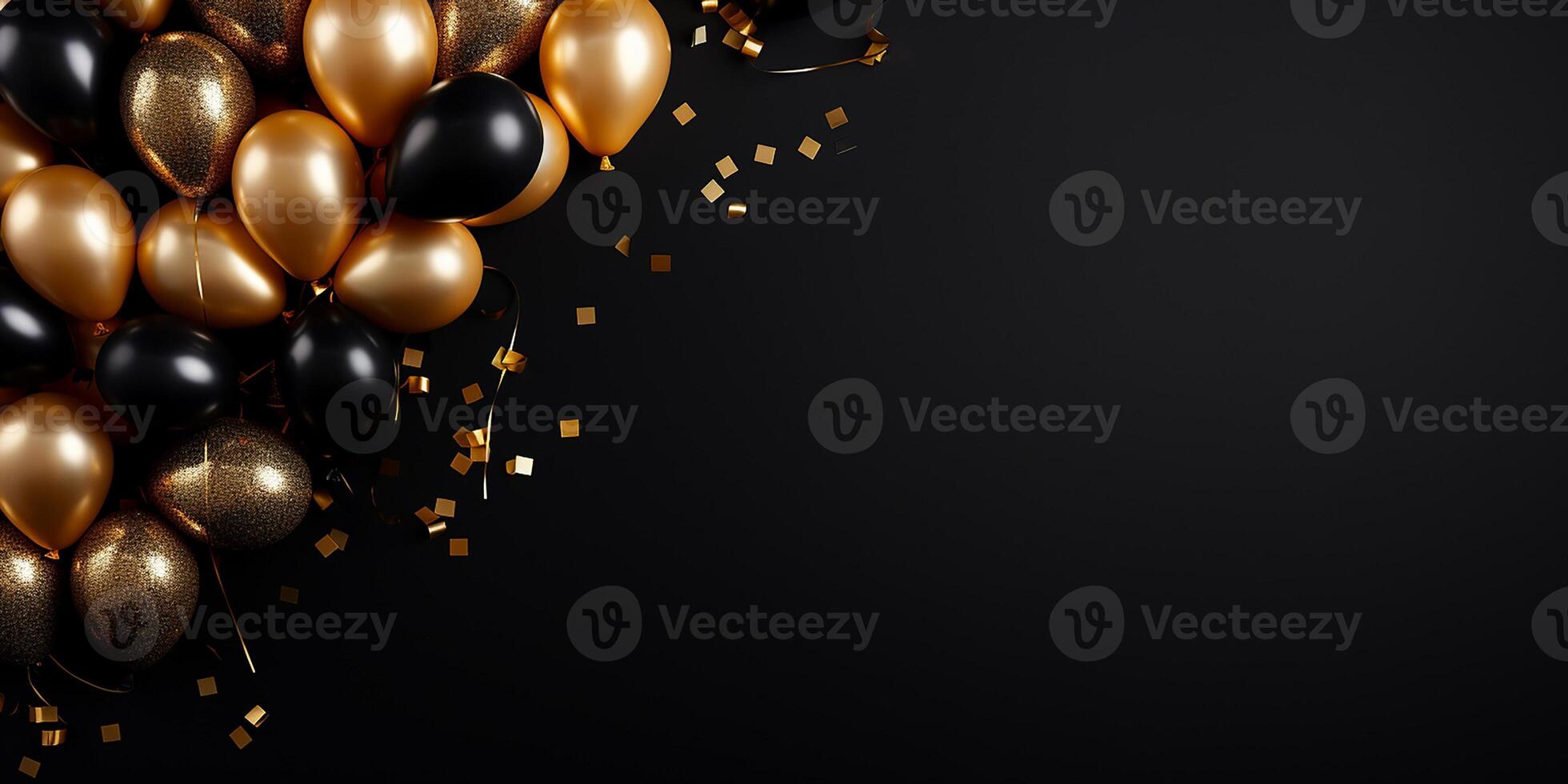 AI generated black and gold balloons on a black background. Black Friday photo