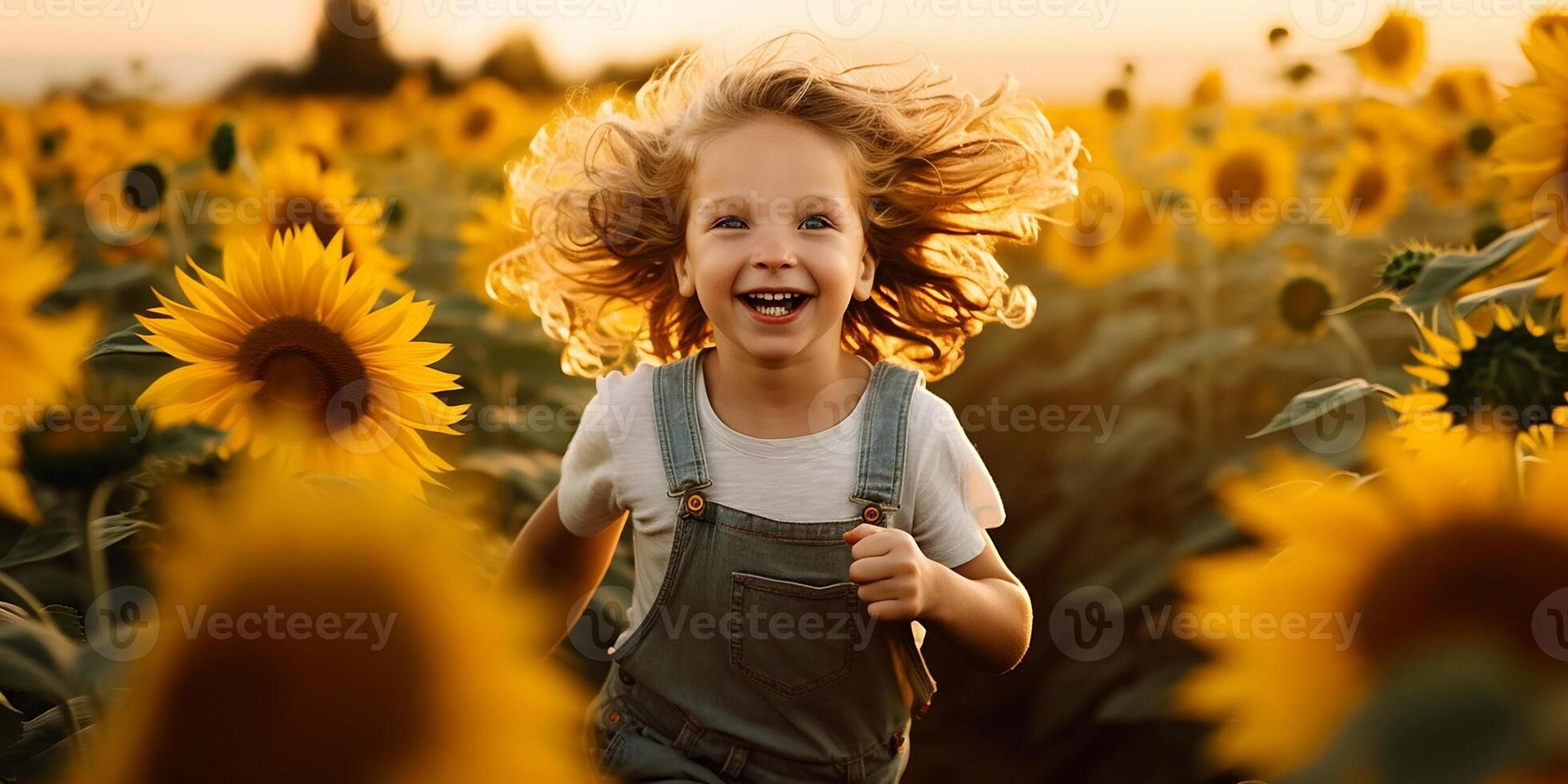 AI generated A happy child runs and has fun among the sunflowers. Happy child playing in the sun. Happy childhood photo