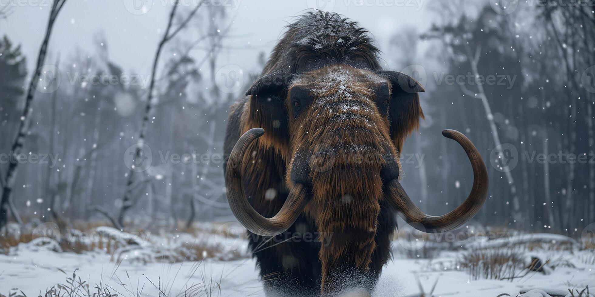 AI generated A woolly mammoth walks through the snowy lands of the Ice Age photo