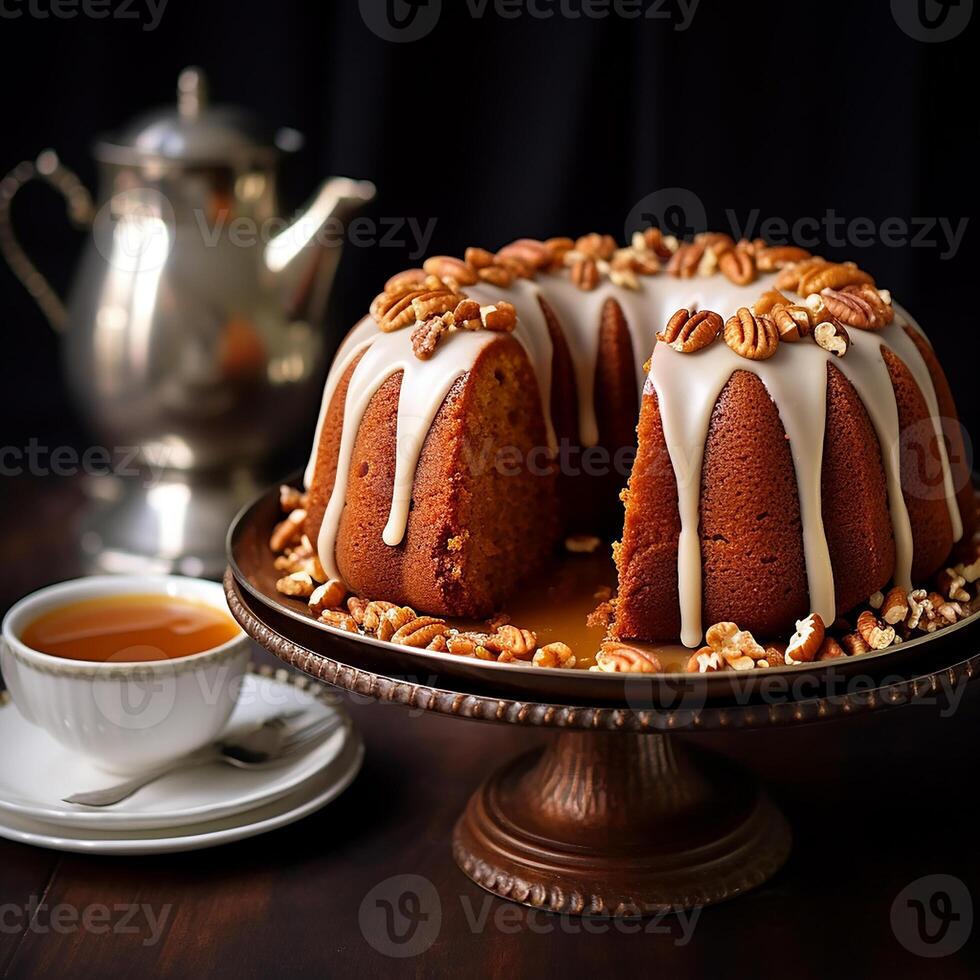 ai generado hermosamente presentado pacana tarta. fiesta tratar foto