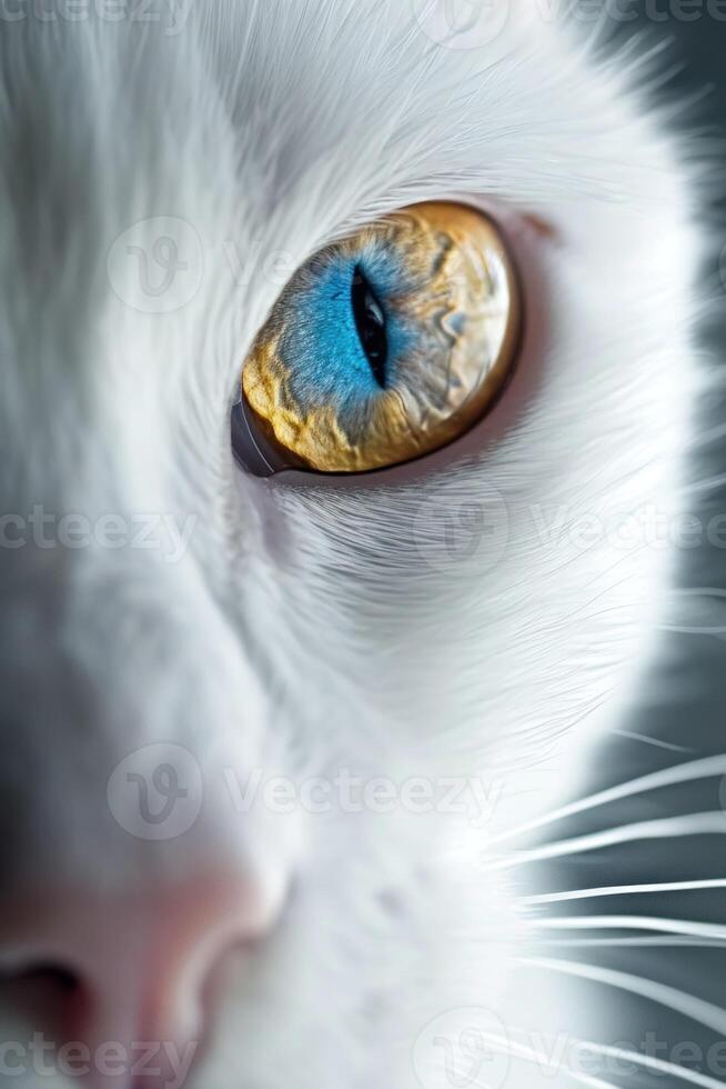 ai generado linda blanco gato uno ojo es dorado y el otro ojo tiene zafiro azul anormal alumnos foto