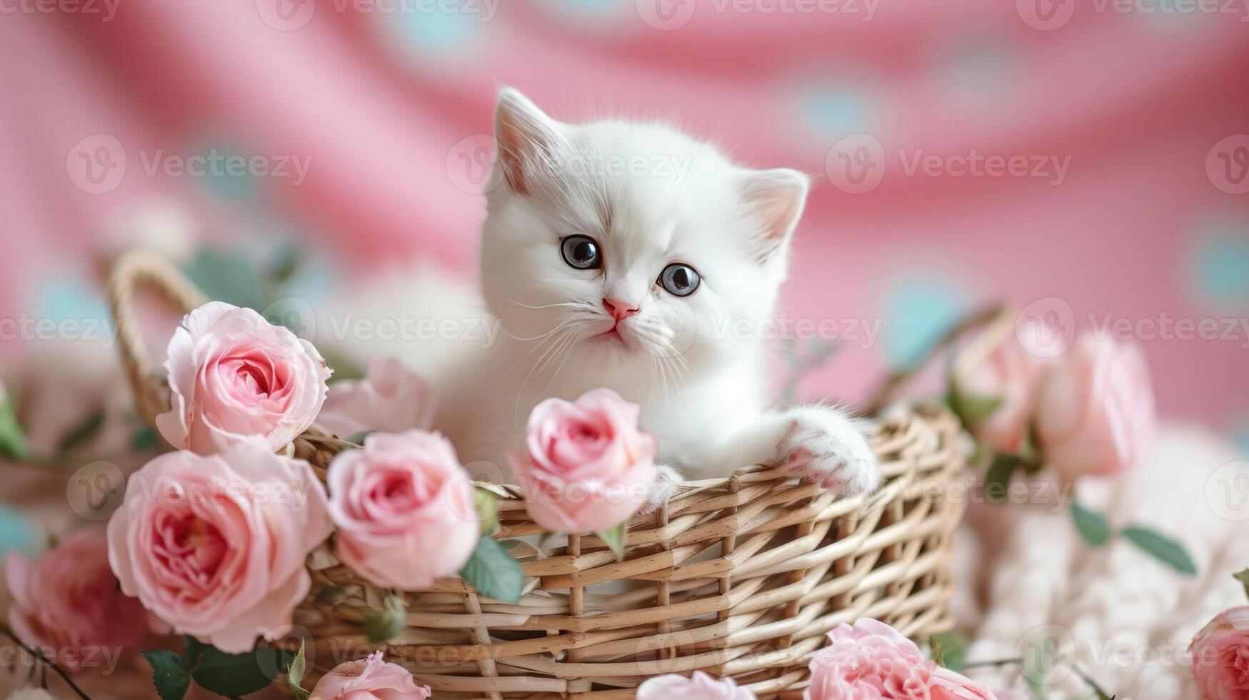 ai generado pequeño blanco gatito en el cesta con rosado rosas. gatito y flores foto