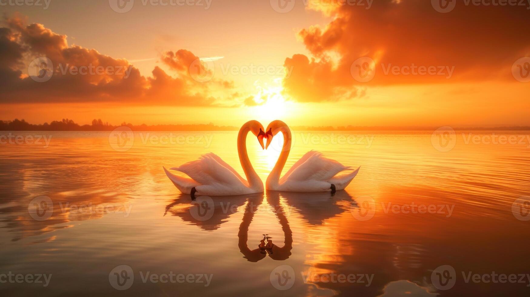 AI generated Two swans making a heart shape at sunset forming a pattern of love photo