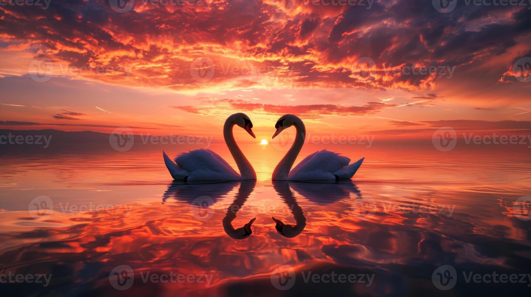 AI generated Two swans making a heart shape at sunset forming a pattern of love photo