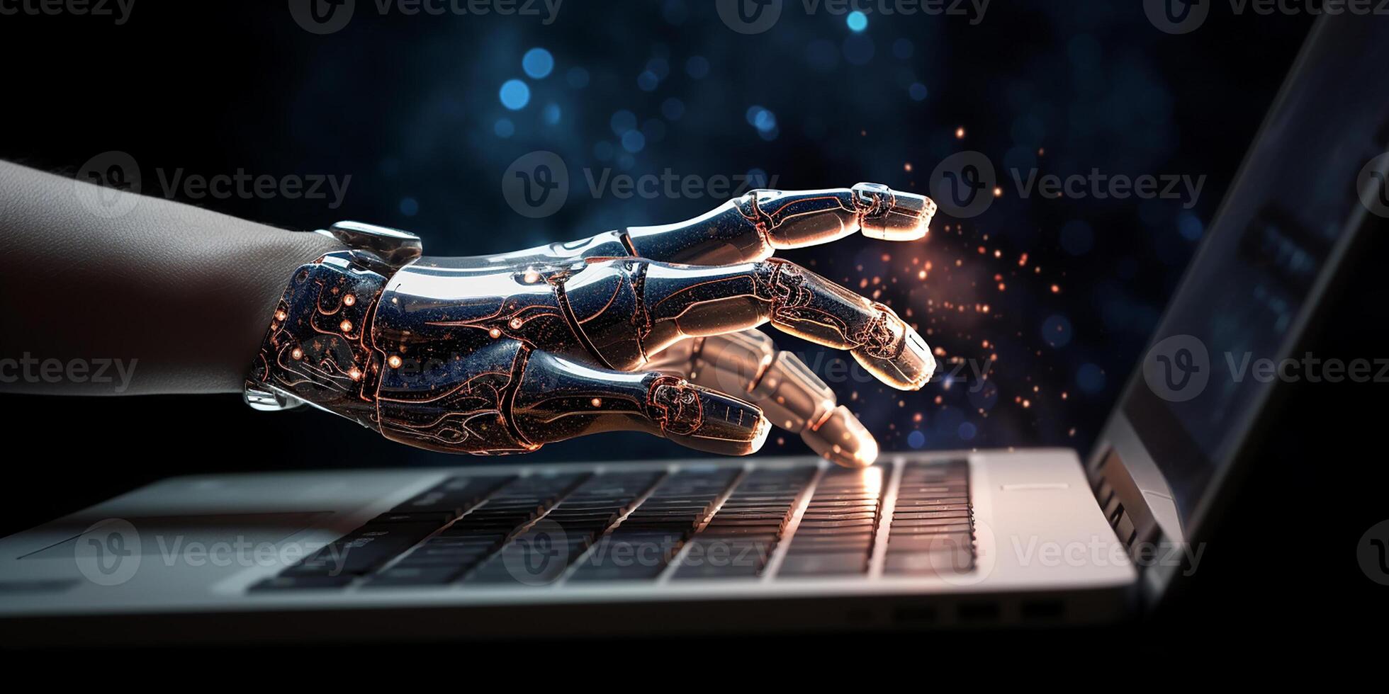 AI generated technological progress, artificial intelligence. robot hands working at the computer photo