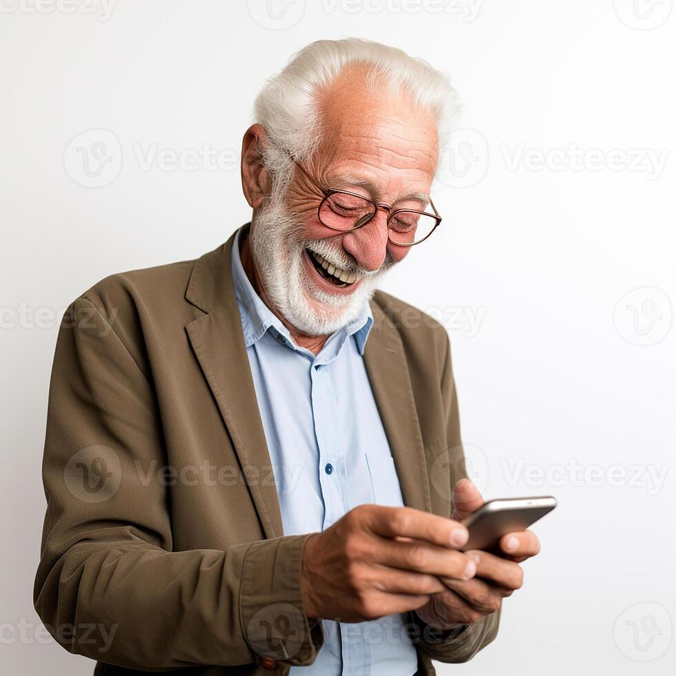 AI generated Grandfather smiling with a phone in his hands on a white background. Pleasant online conversation photo