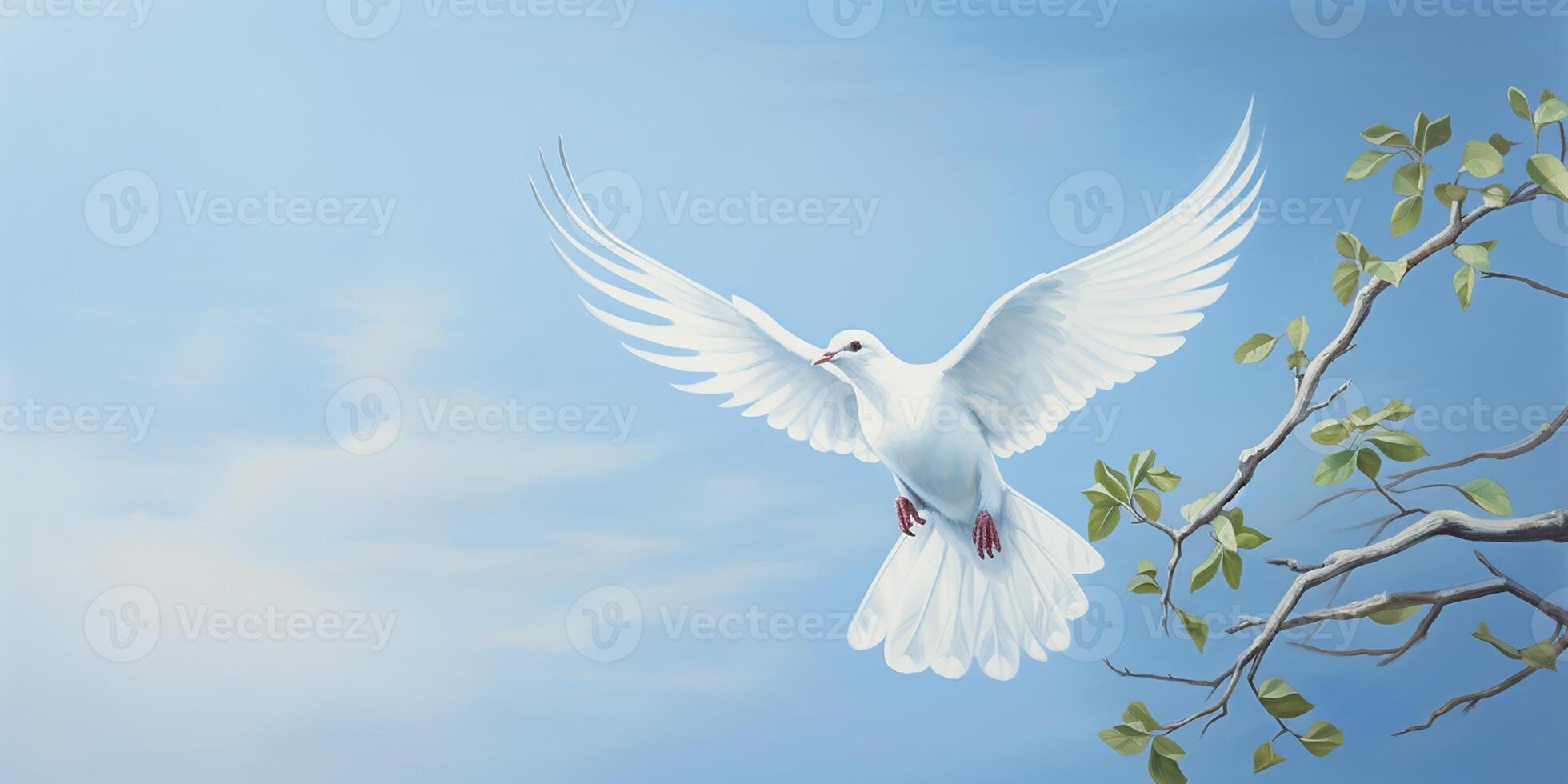 ai generado blanco paloma en el aire con alas amplio abierto en contra el cielo. un símbolo de paz foto