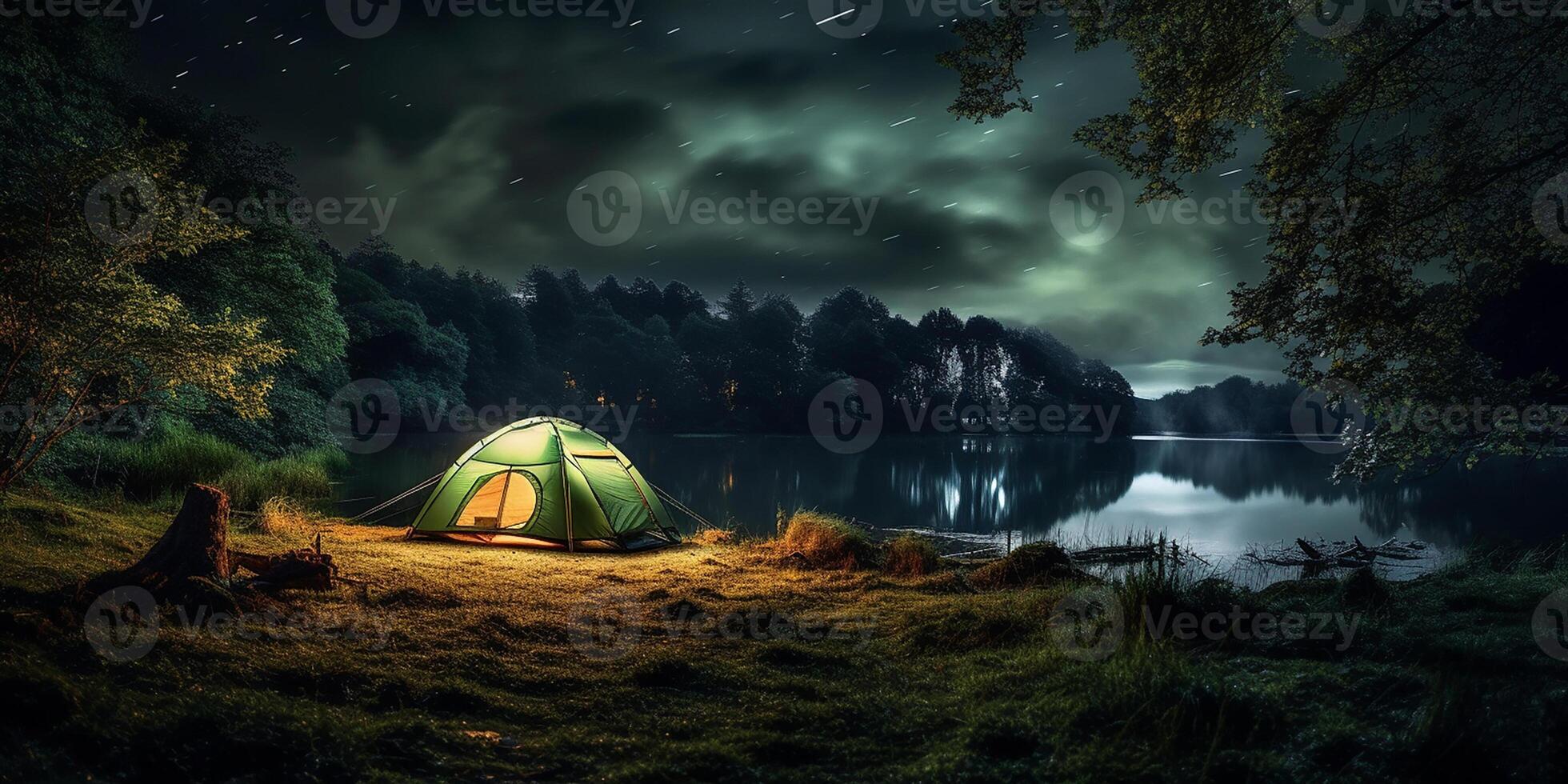AI generated Photorealistic rendering of overnight camping on the beach. Camping photo