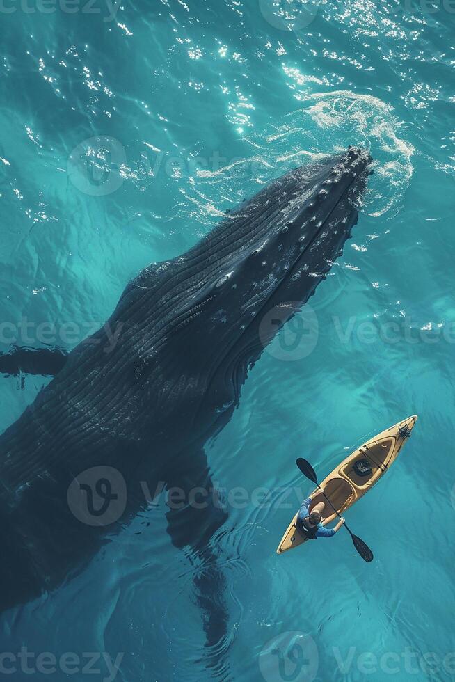 ai generado un hombre en un kayac nada siguiente a un grande ballena. parte superior ver foto