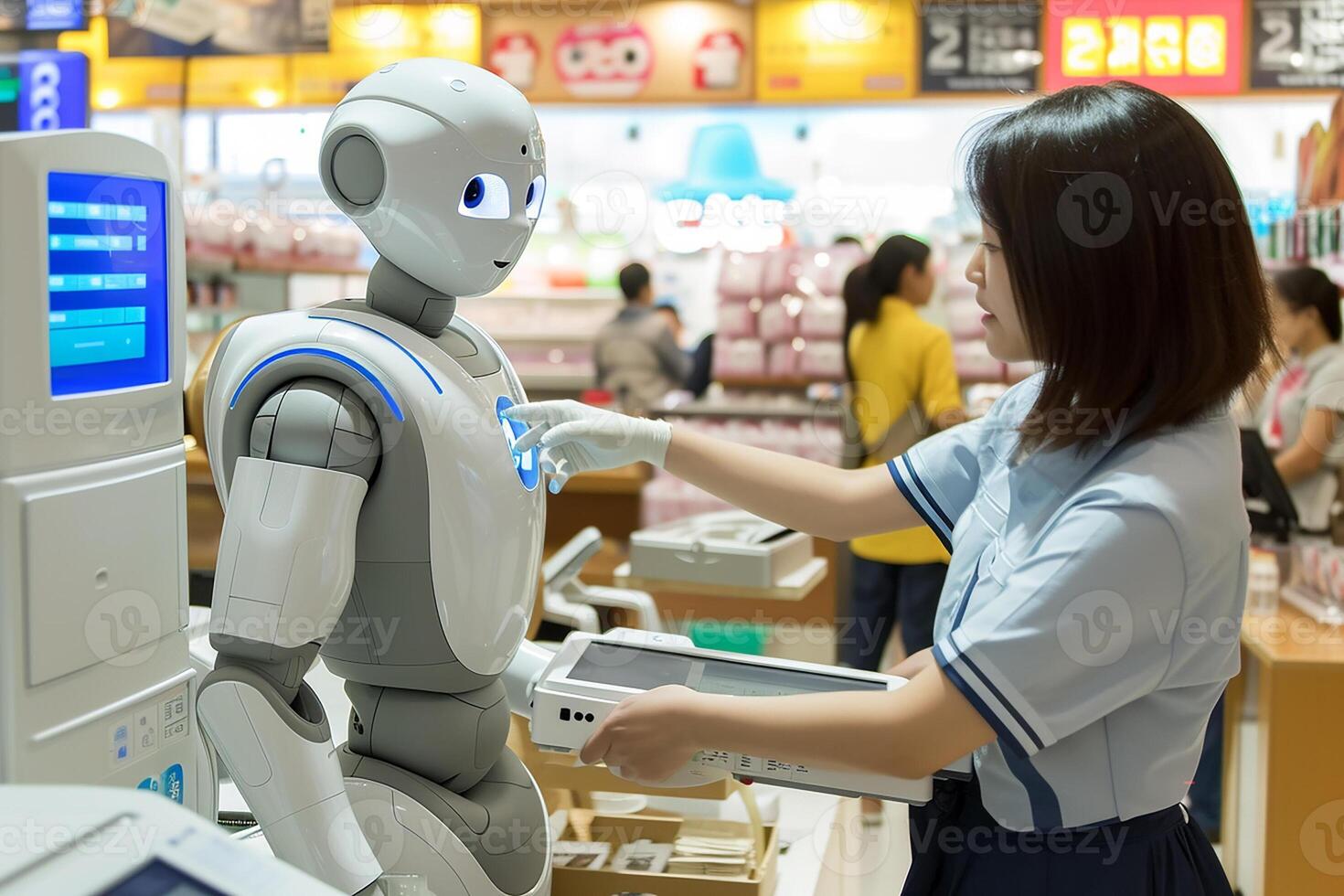 AI generated Robot assistant in a grocery store. photo