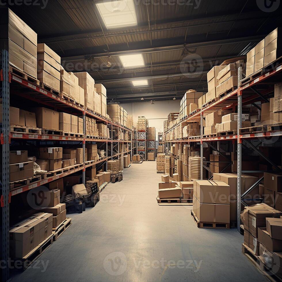 AI generated Photorealistic image. Warehouse situation. Large industrial warehouse photo