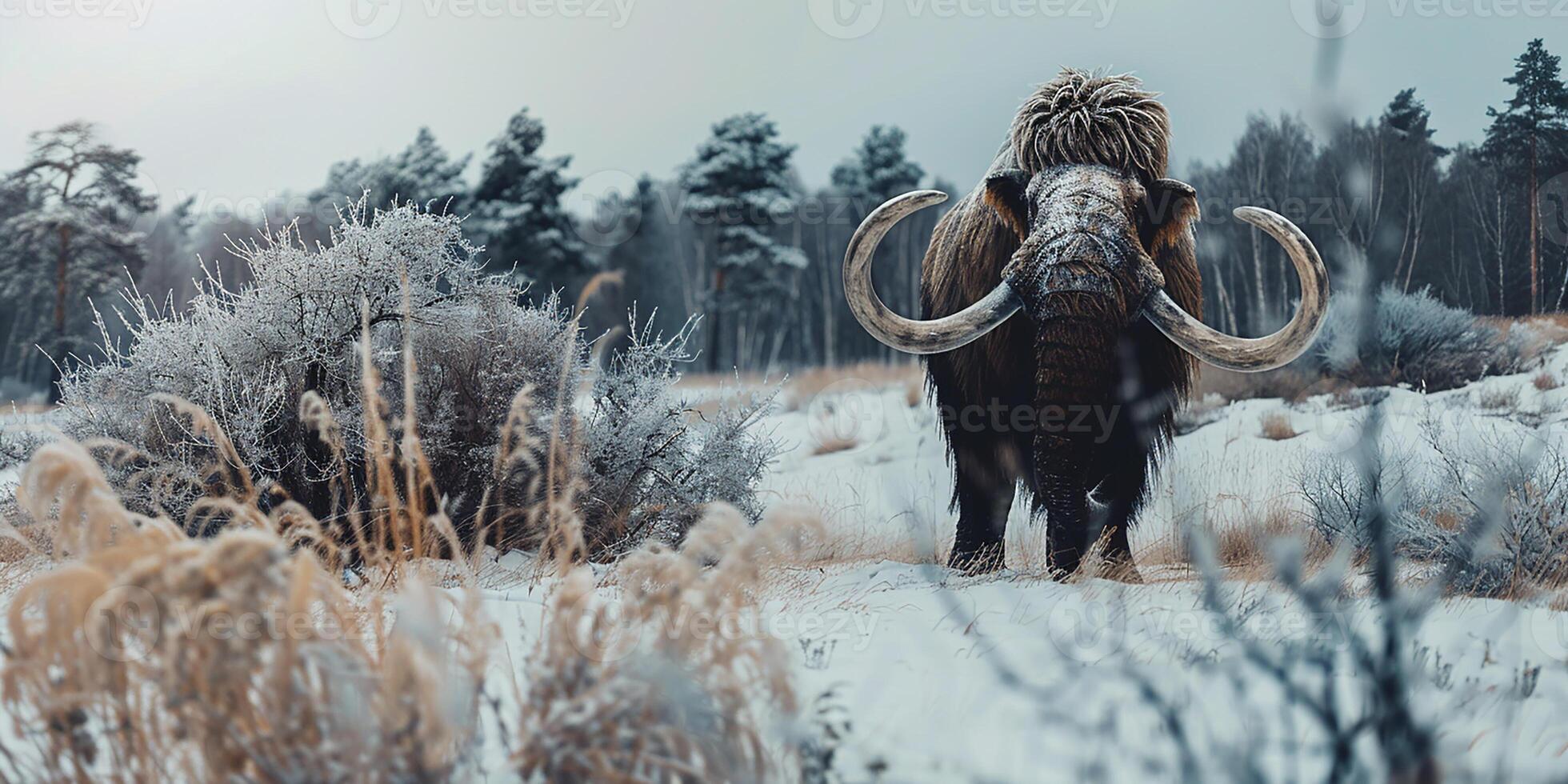 AI generated A woolly mammoth walks through the snowy lands of the Ice Age photo