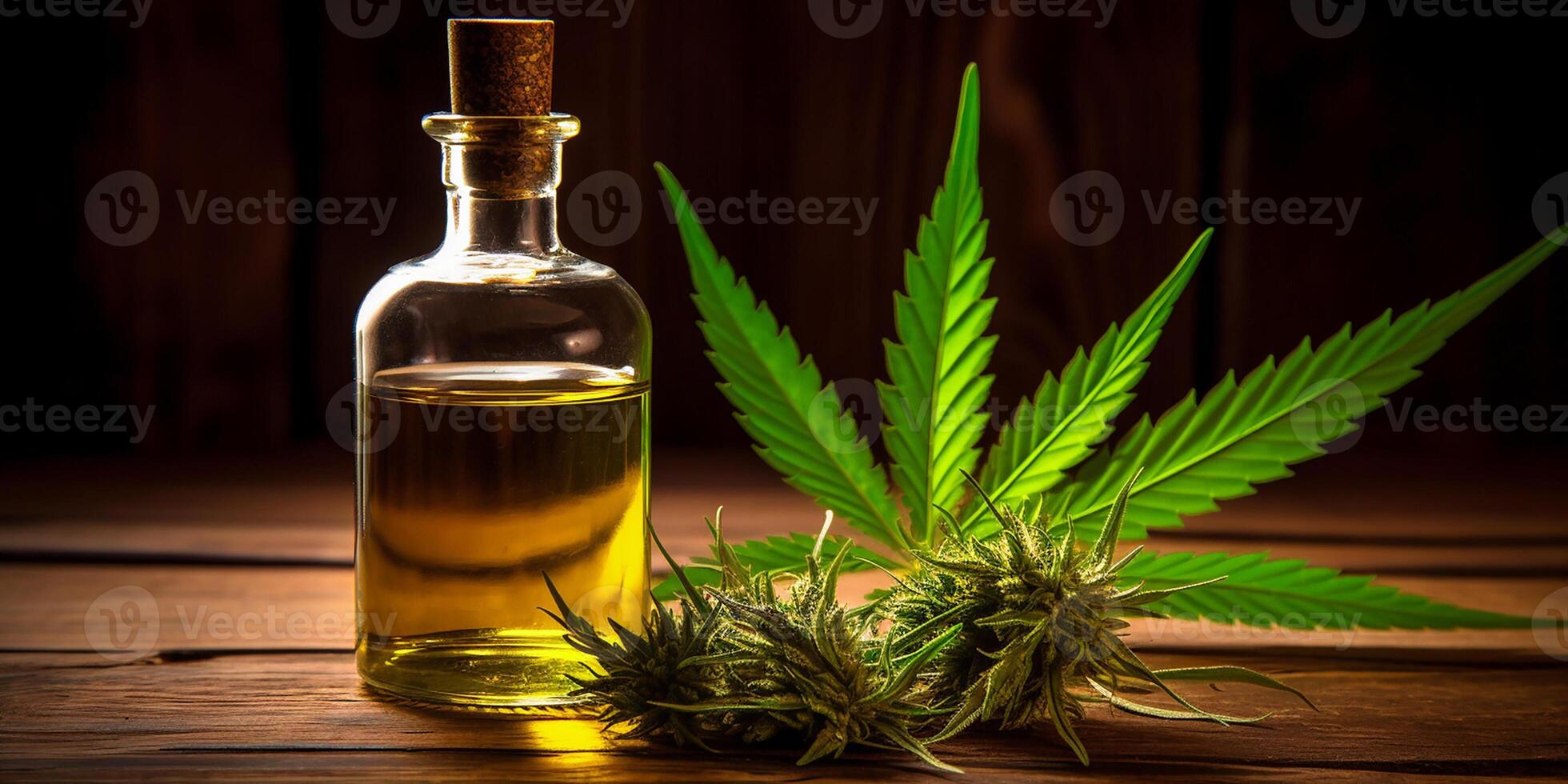 AI generated hemp oil and hemp leaves. body care and medicine, glass jars with hemp oil photo