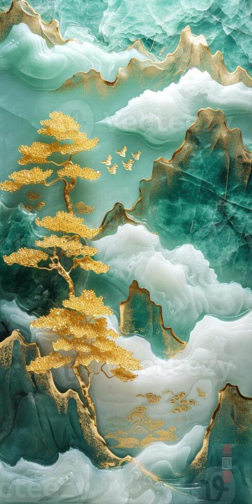 AI generated Landscape forest range with white mineral marble textures. Gold and jade tones photo