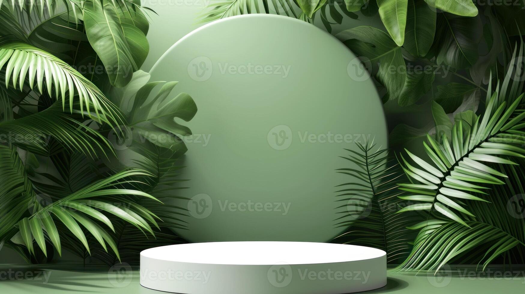 AI generated podium with fantastic tropical leaves. Product podium scene design to showcase your product photo
