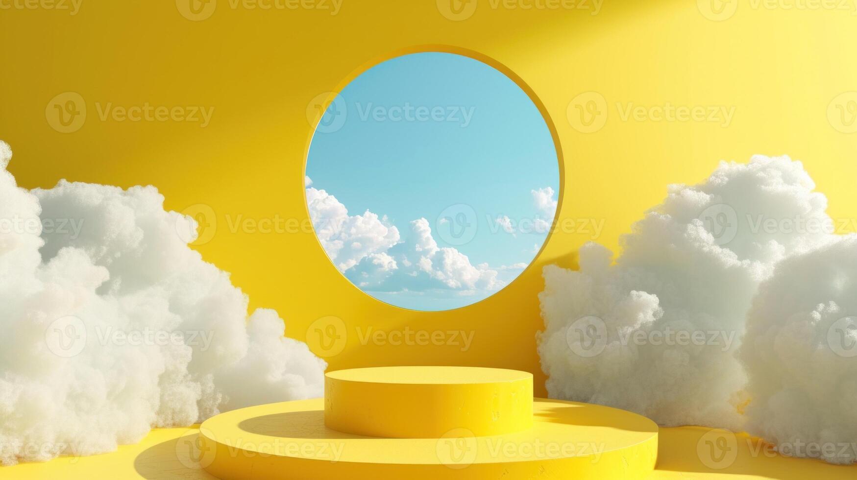 AI generated sunny yellow background with white clouds and blue round hole empty podium for product presentation photo