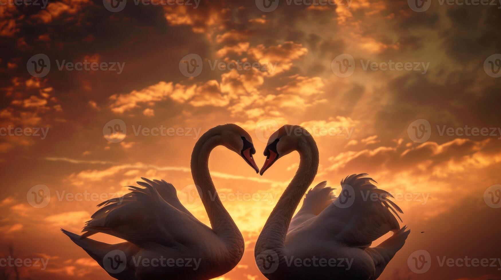AI generated Two swans making a heart shape at sunset forming a pattern of love photo