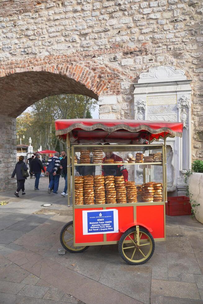 Turkey 12 march 2023. Turkish Bagel Simit selling at taqsim square in a van photo