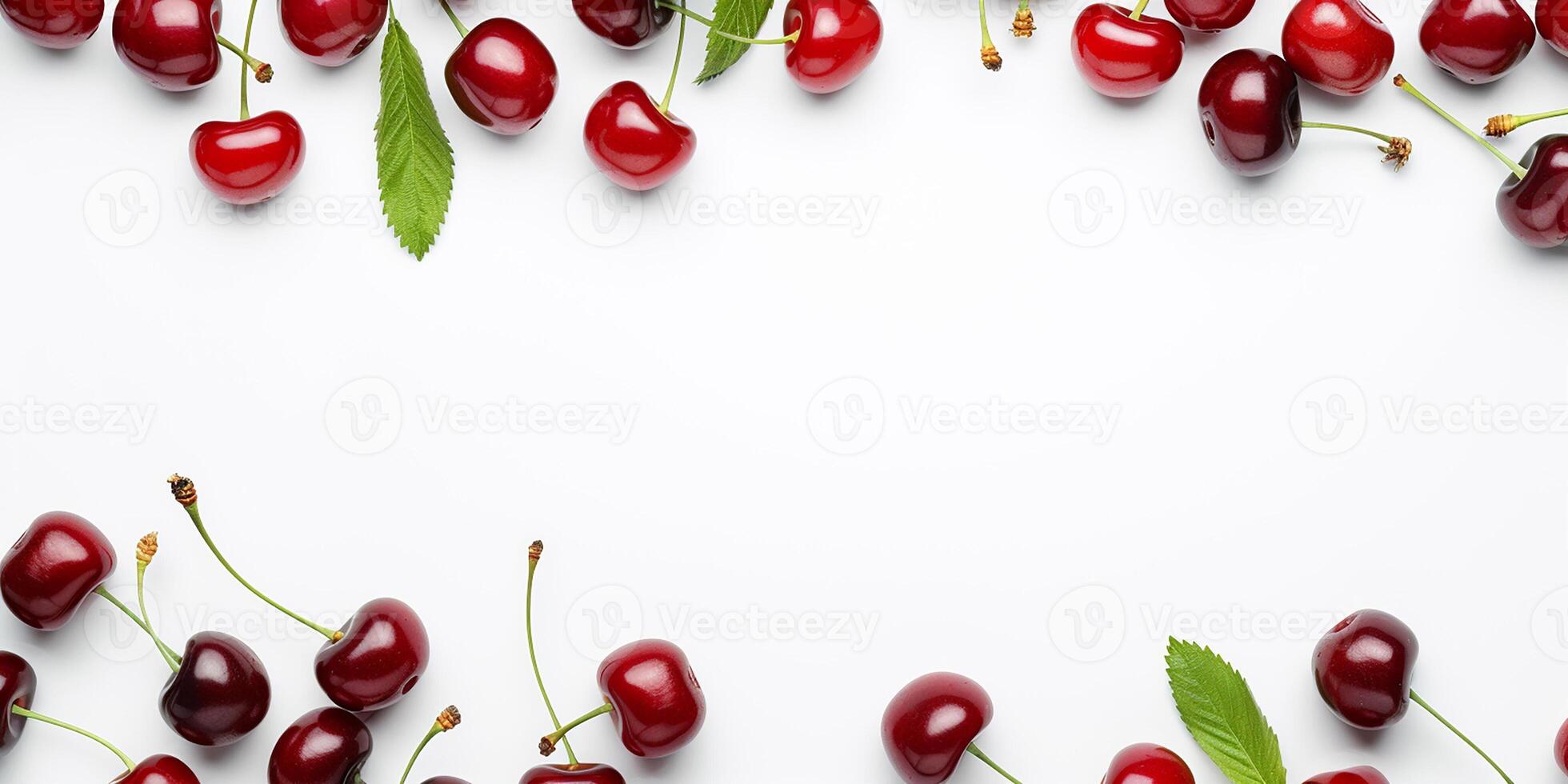 AI generated Frame with fresh cherries on a white background with space for text photo