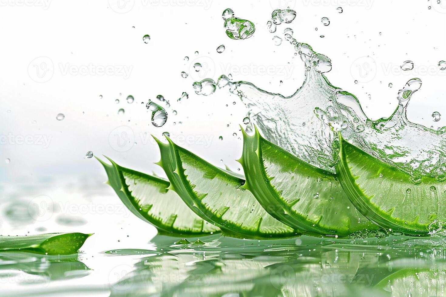AI generated Close up of succulent aloe vera pieces with water splashes photo