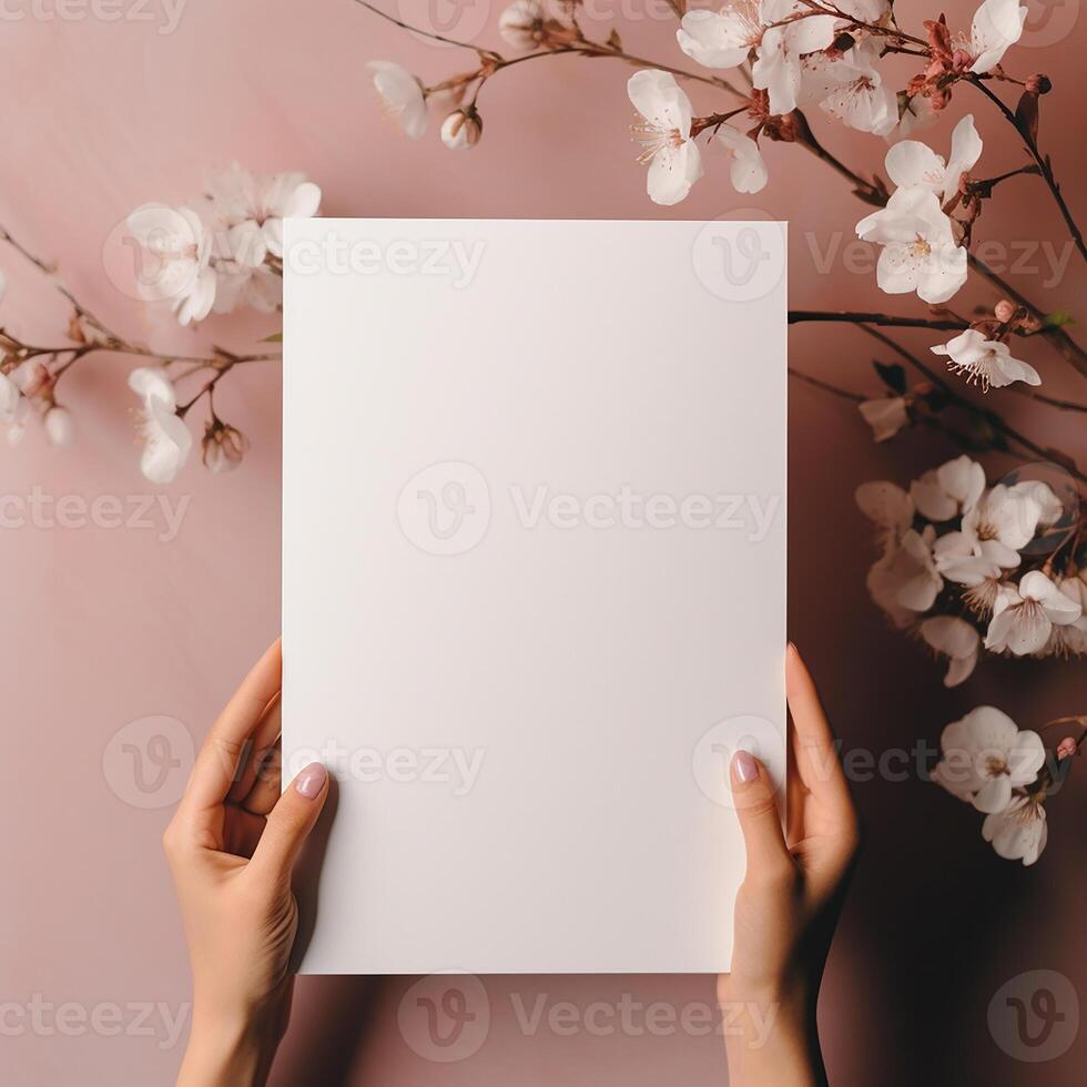 AI generated mockup, female hands holding a white blank sheet of paper. pink background with sakura flowers photo