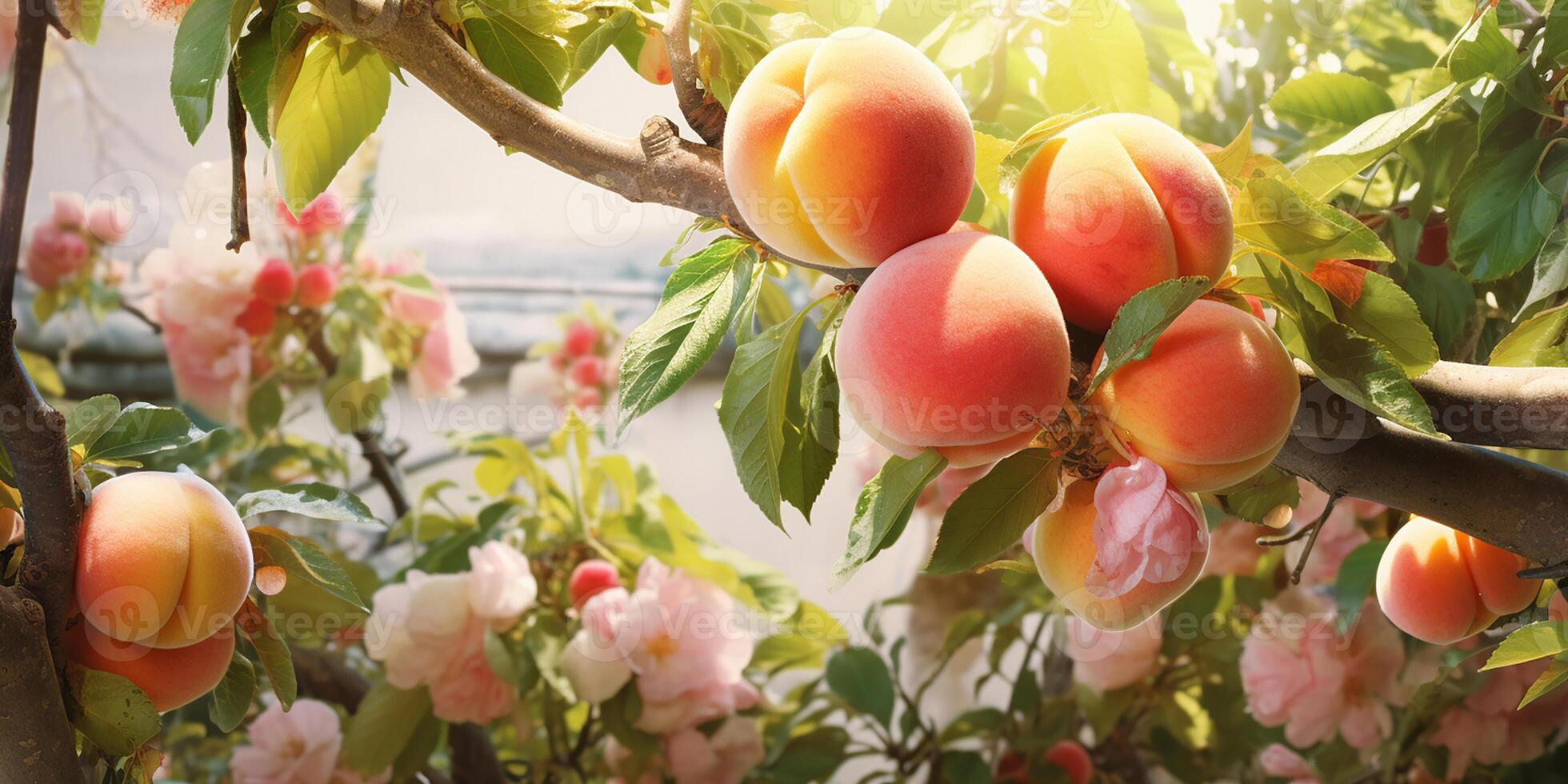 AI generated Ripe sweet peaches growing on a peach tree in the garden. Close-up of peaches and peach trees in sunlight photo