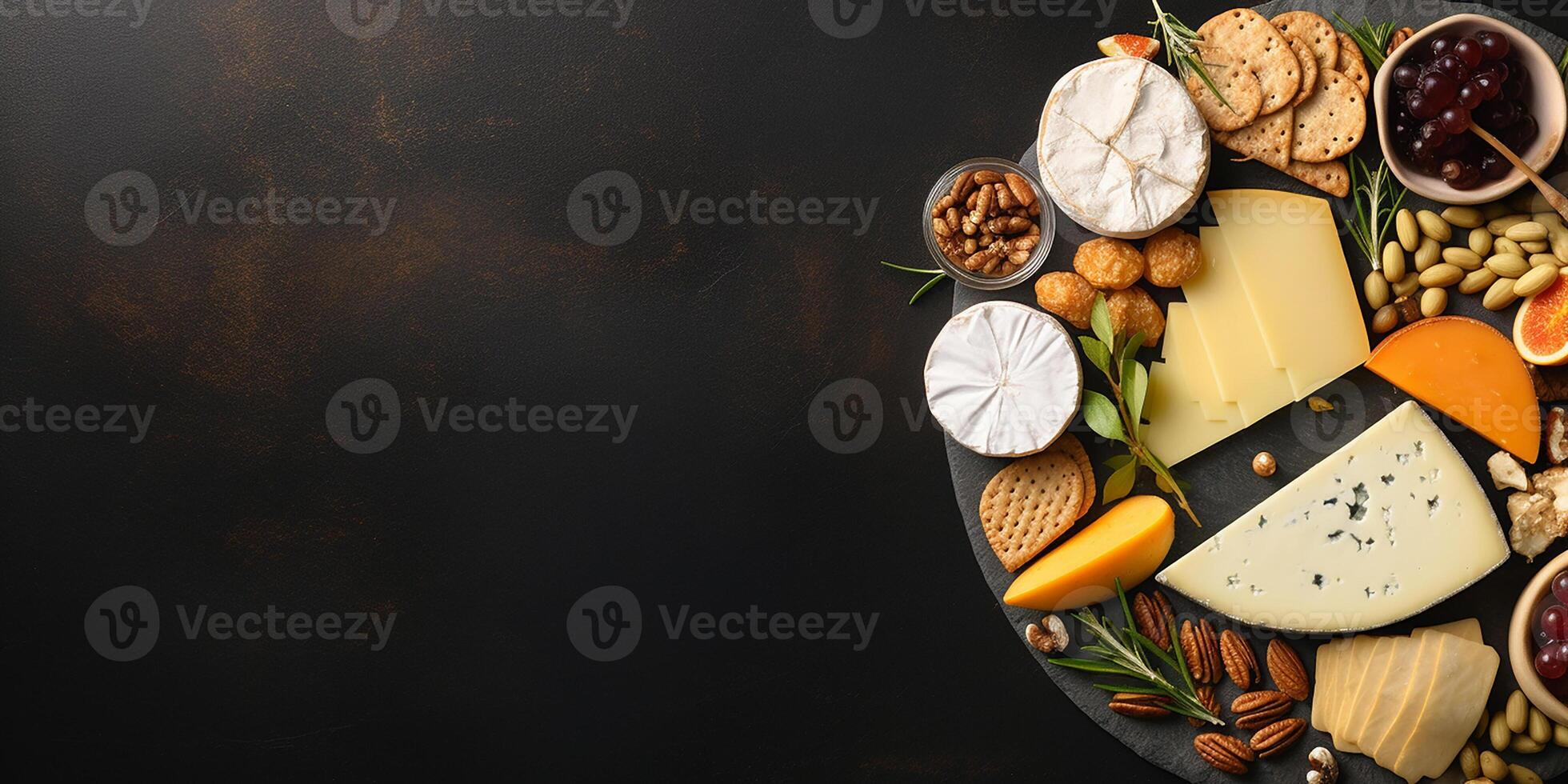 AI generated flat lay with different types of cheese. cheese slices on dark, top view photo