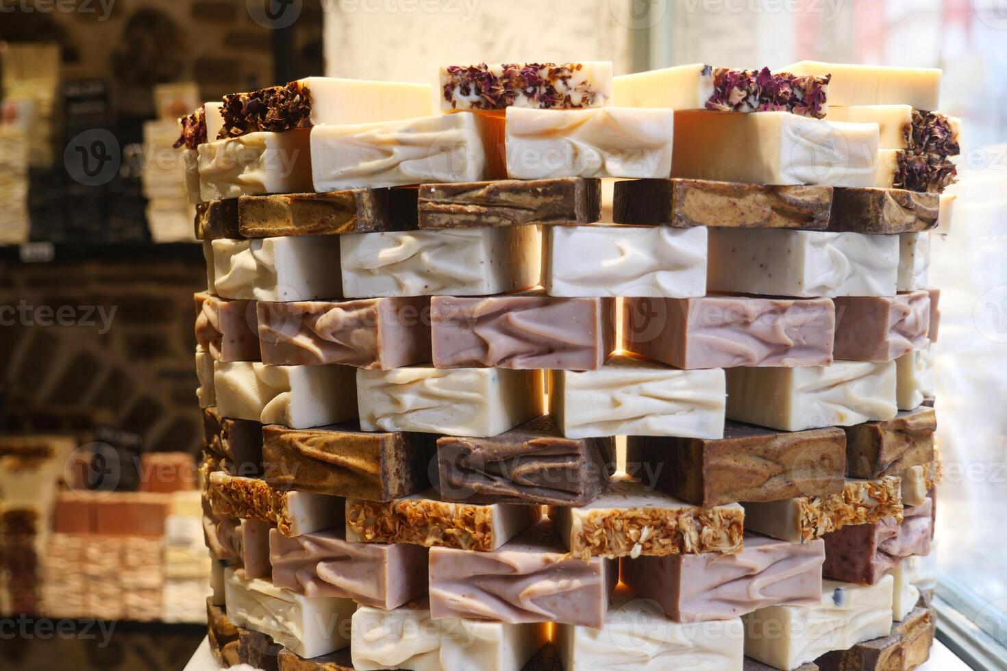 stack of natural soap bar on table photo