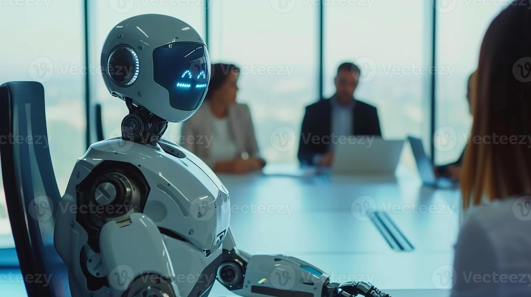 AI generated Business meeting with employees and humanoid robot. Teamwork. Office. photo