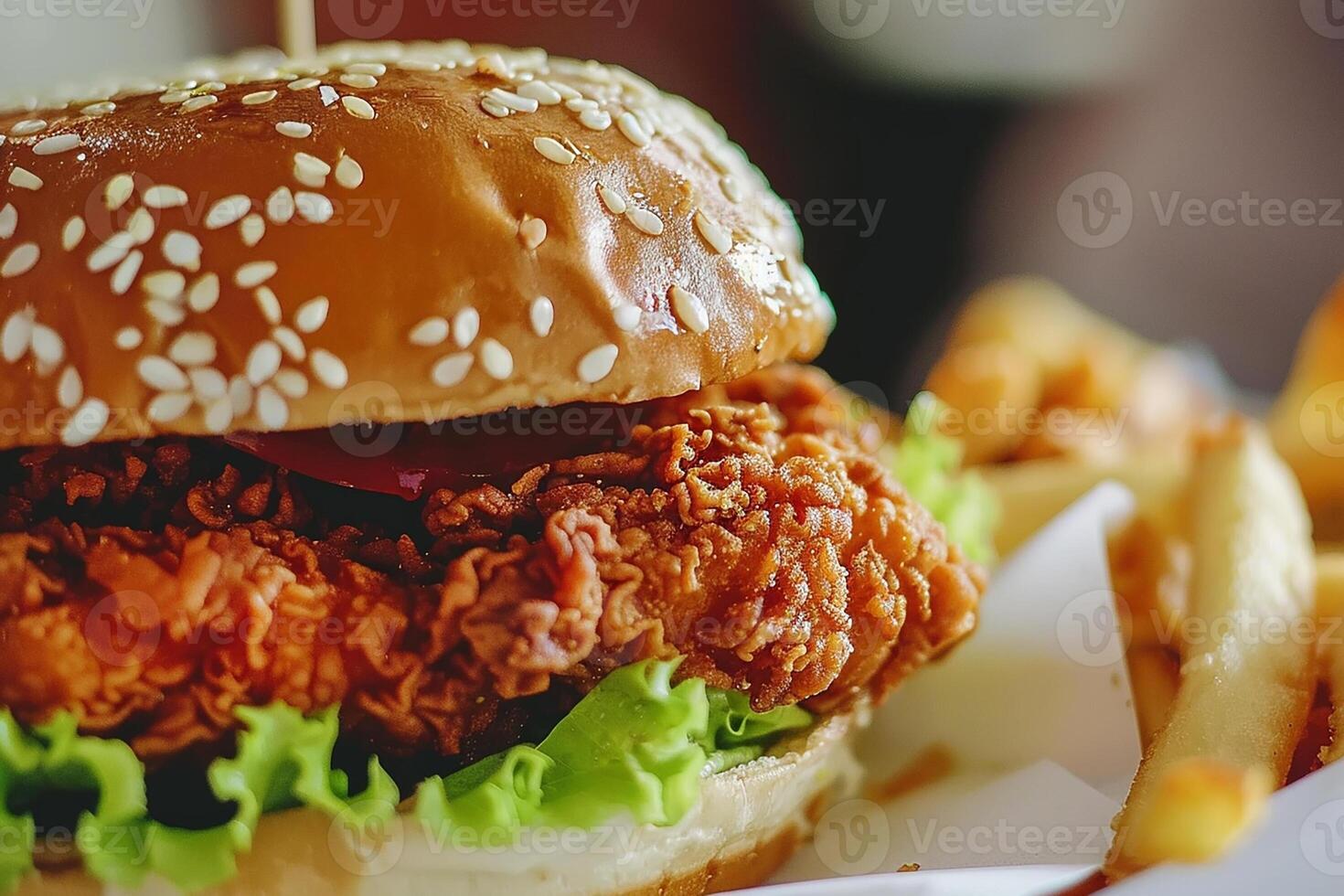 AI generated Fresh crispy fried chicken hamburger sandwich ready to eat photo