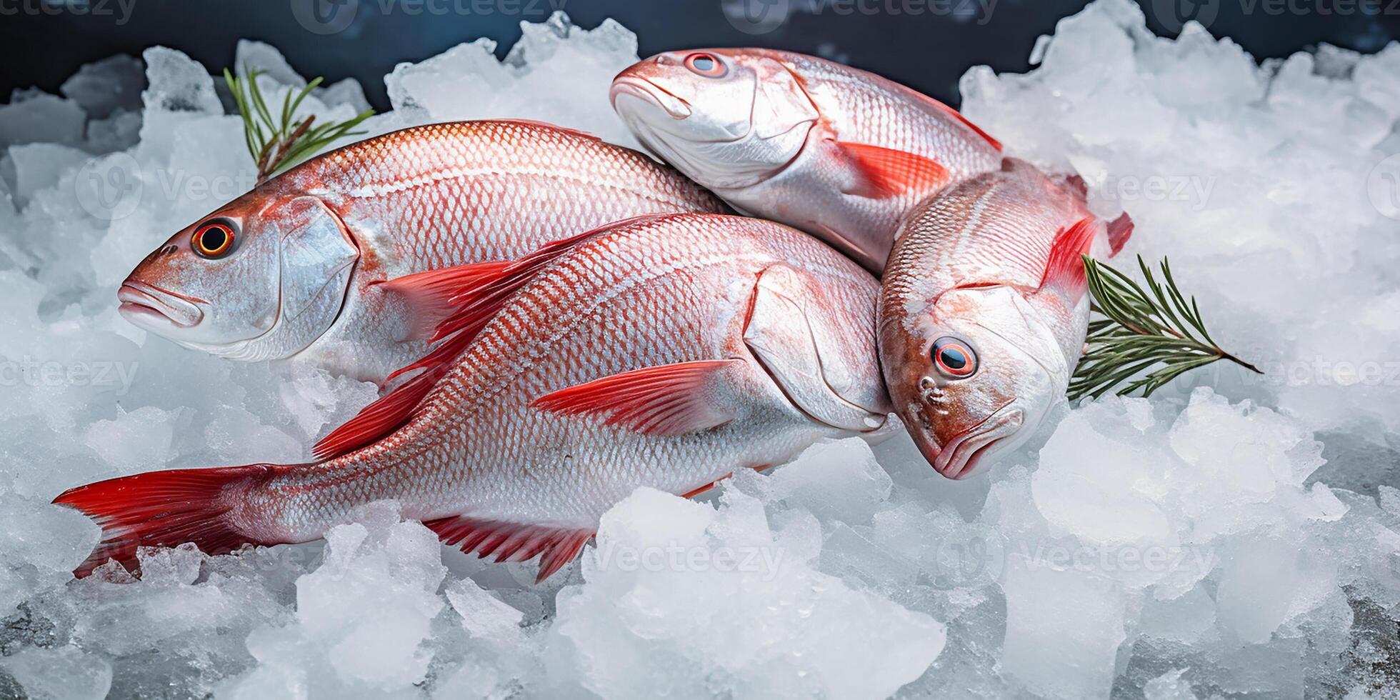 AI generated Photorealistic image of freshly caught sea fish on an ice bed photo