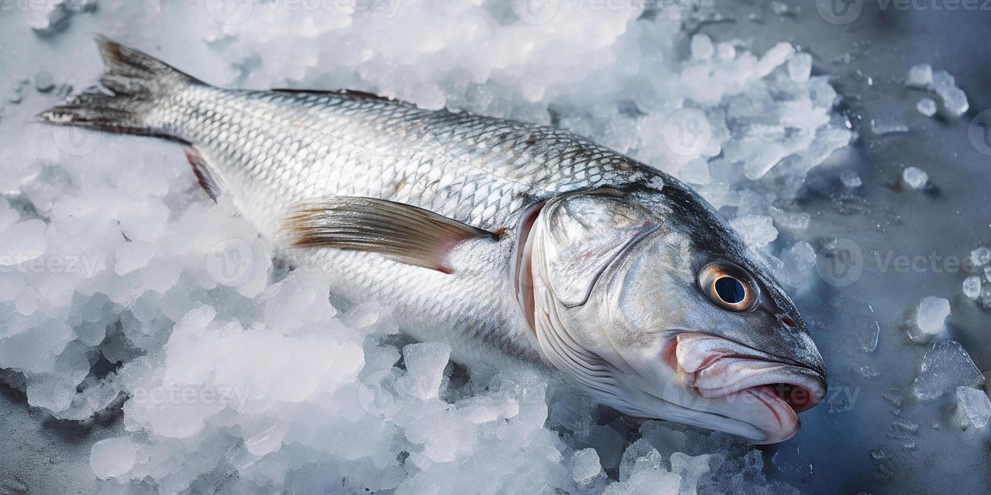 AI generated Photorealistic image of freshly caught sea fish on an ice bed photo