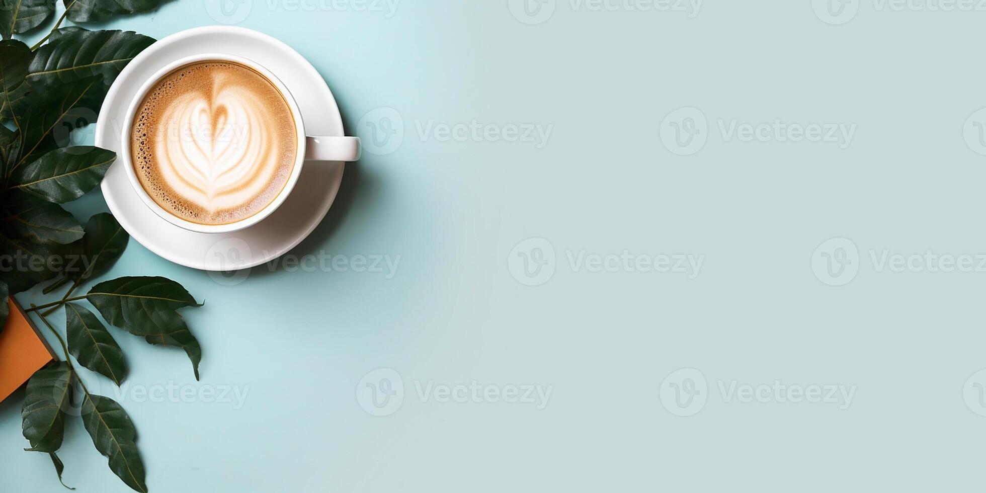 AI generated Flat layout. Cup of coffee with green leaves on blue surface photo