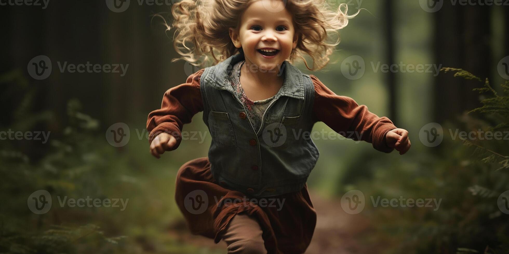 AI generated A happy child runs and has fun in the forest among the trees. Happy child playing in the sun. photo